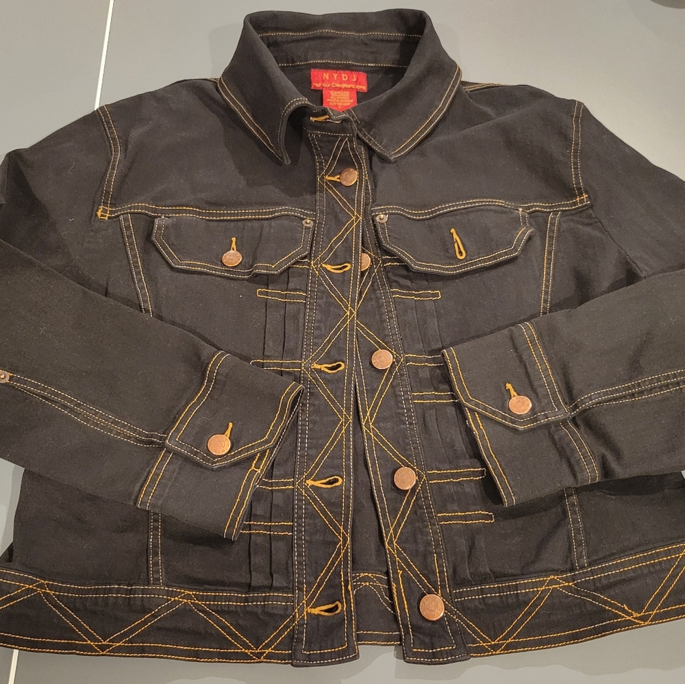 NYDJ Jean Jacket Womens L Black Denim Dark Wash Gold accents